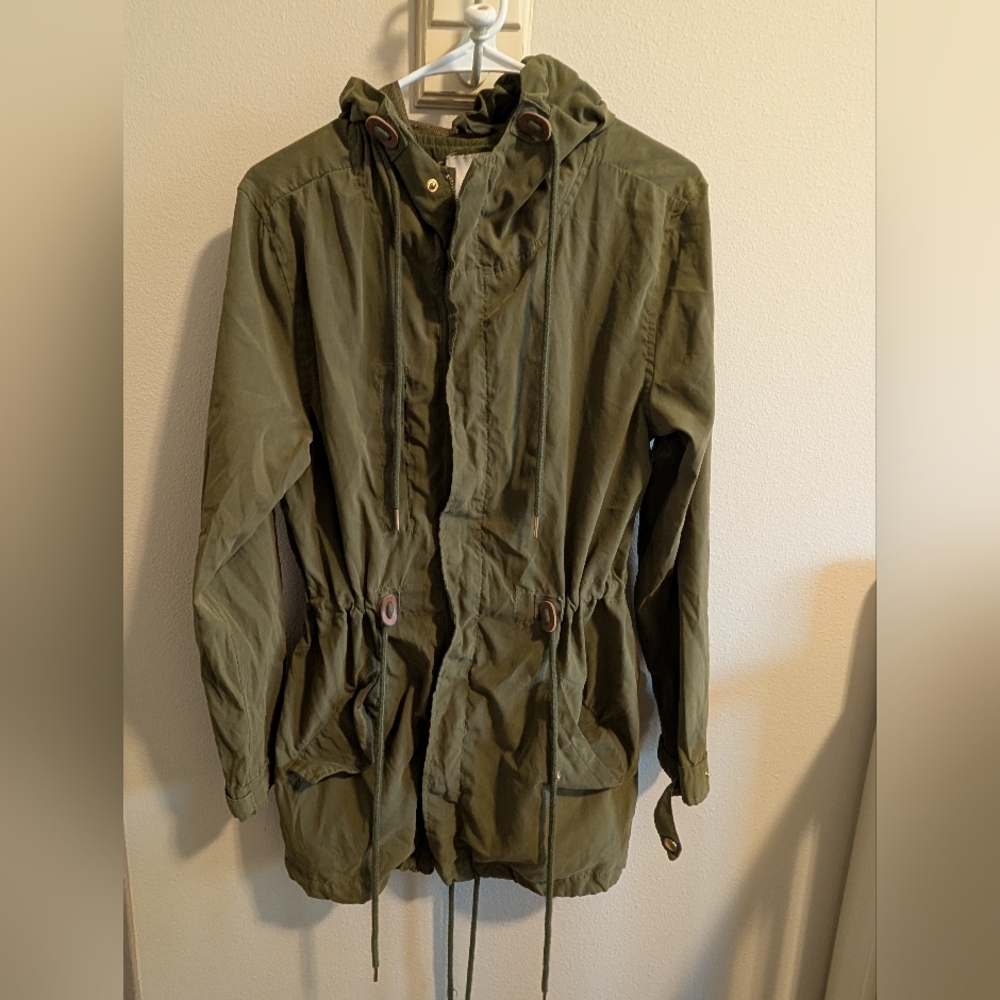 Iris Women's Sz small Green Utility jacket w/ hood Autumn Fall Olive lightweight